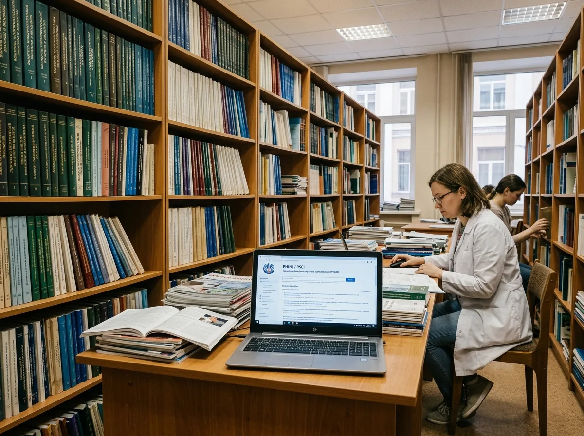 Библиотека научных медицинских журналов на стеллажах, стопки печатных изданий и экран с базой данных РИНЦ