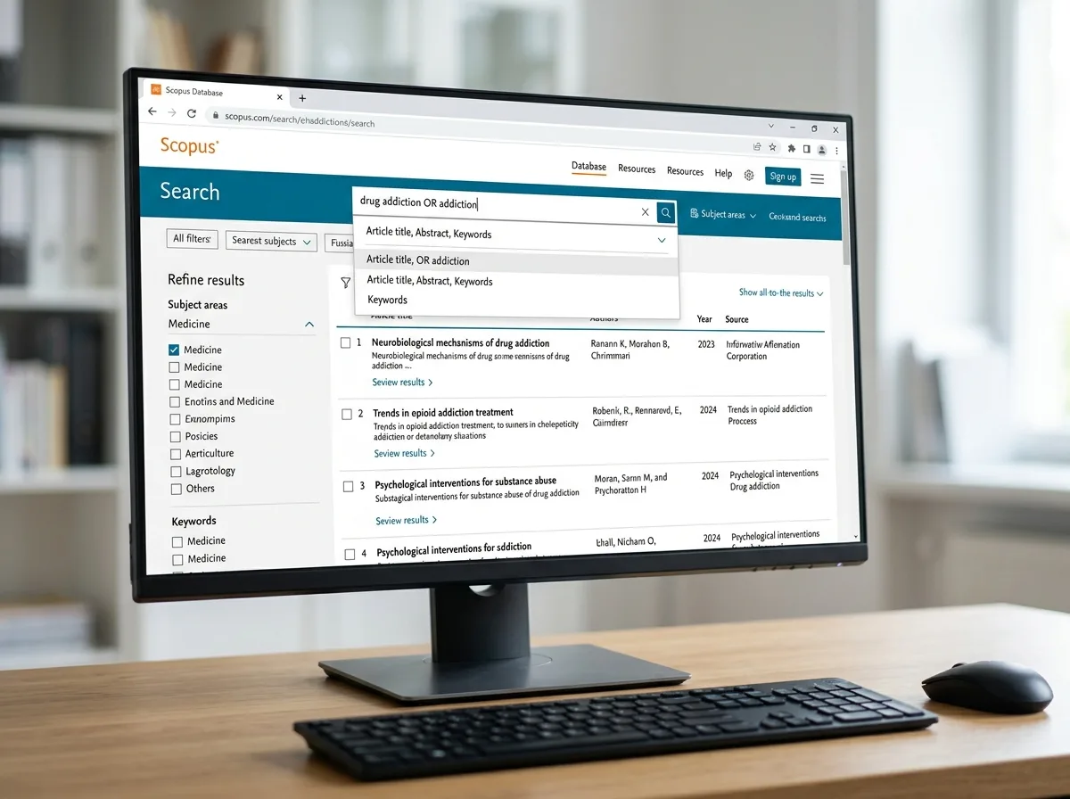 Экран компьютера с открытой базой данных Scopus, поиск медицинских статей по наркологии и зависимостям