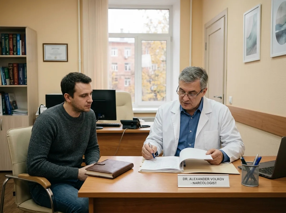 Врач-нарколог на индивидуальной консультации с пациентом: специалист в белом халате изучает медицинскую документацию